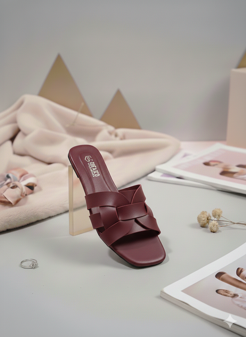 Square Toe Cross Strap  maroon Flats