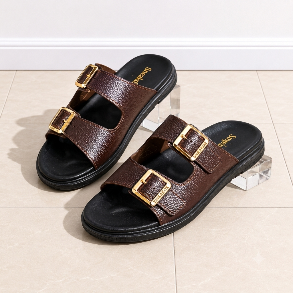 SneakoX Men's Brown Casual Slippers with Adjustable Buckles | Soft & Comfortable Slides