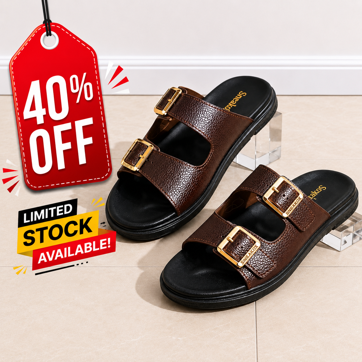 SneakoX Men's Brown Casual Slippers with Adjustable Buckles | Soft & Comfortable Slides