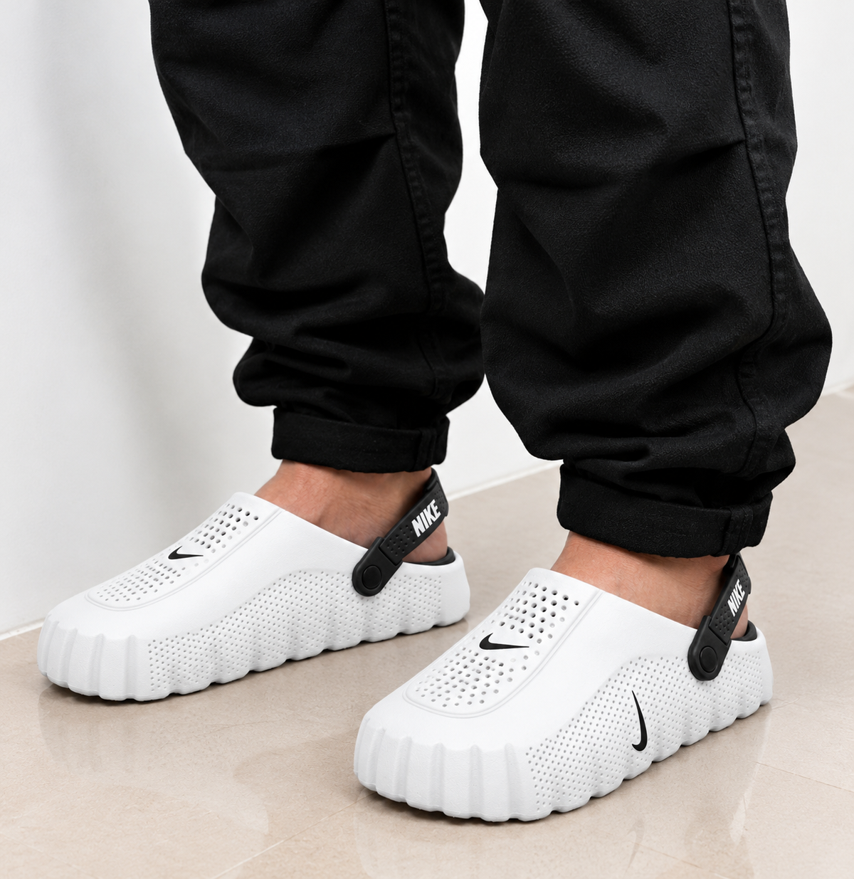 Sneako White & Black Crocs with Adjustable Heel Strap